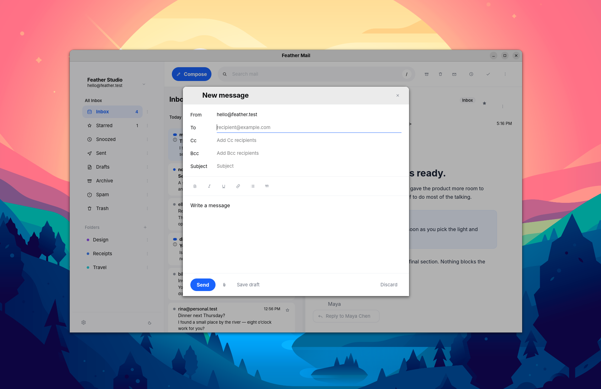 Composing an email in Feather Mail