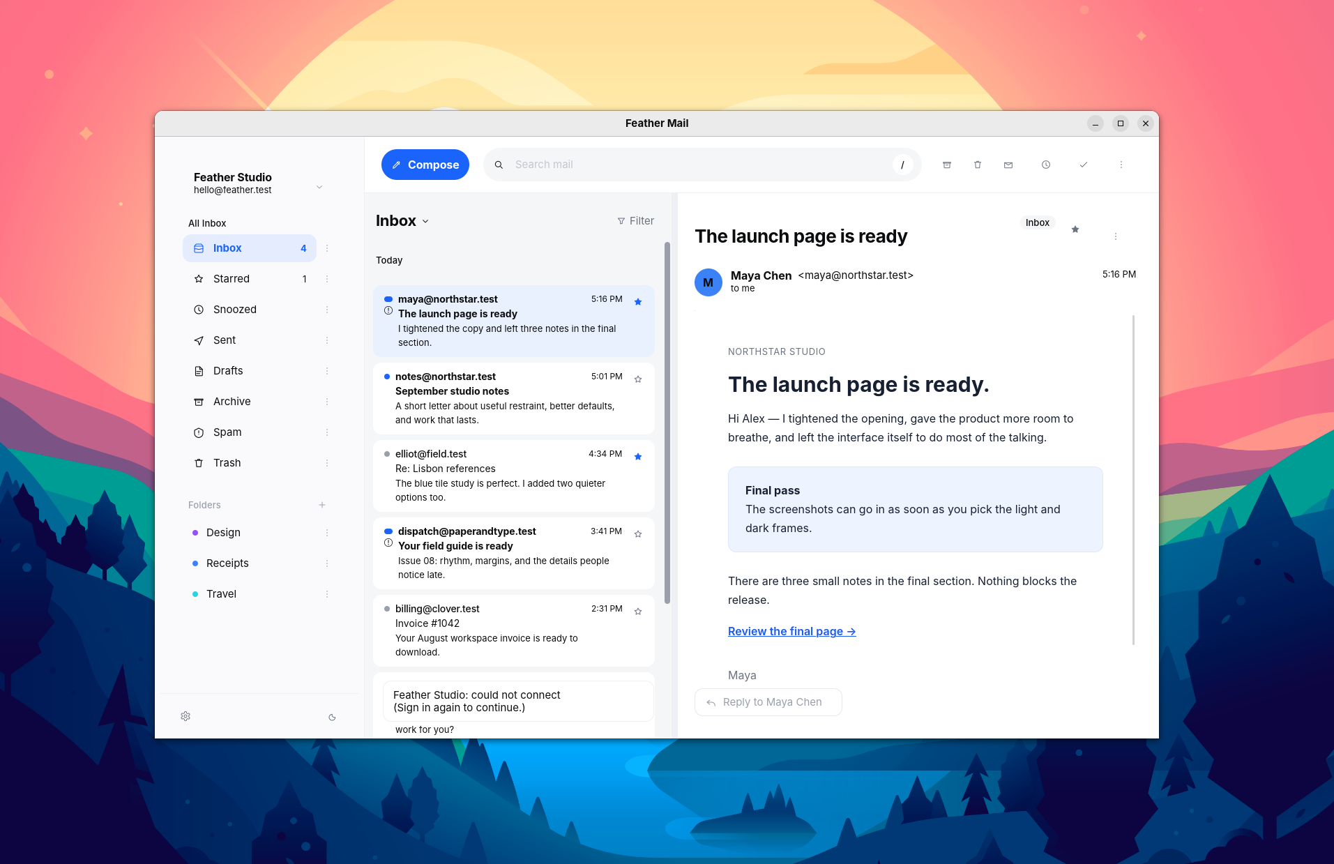 Feather Mail showing two mailboxes in a three-pane inbox